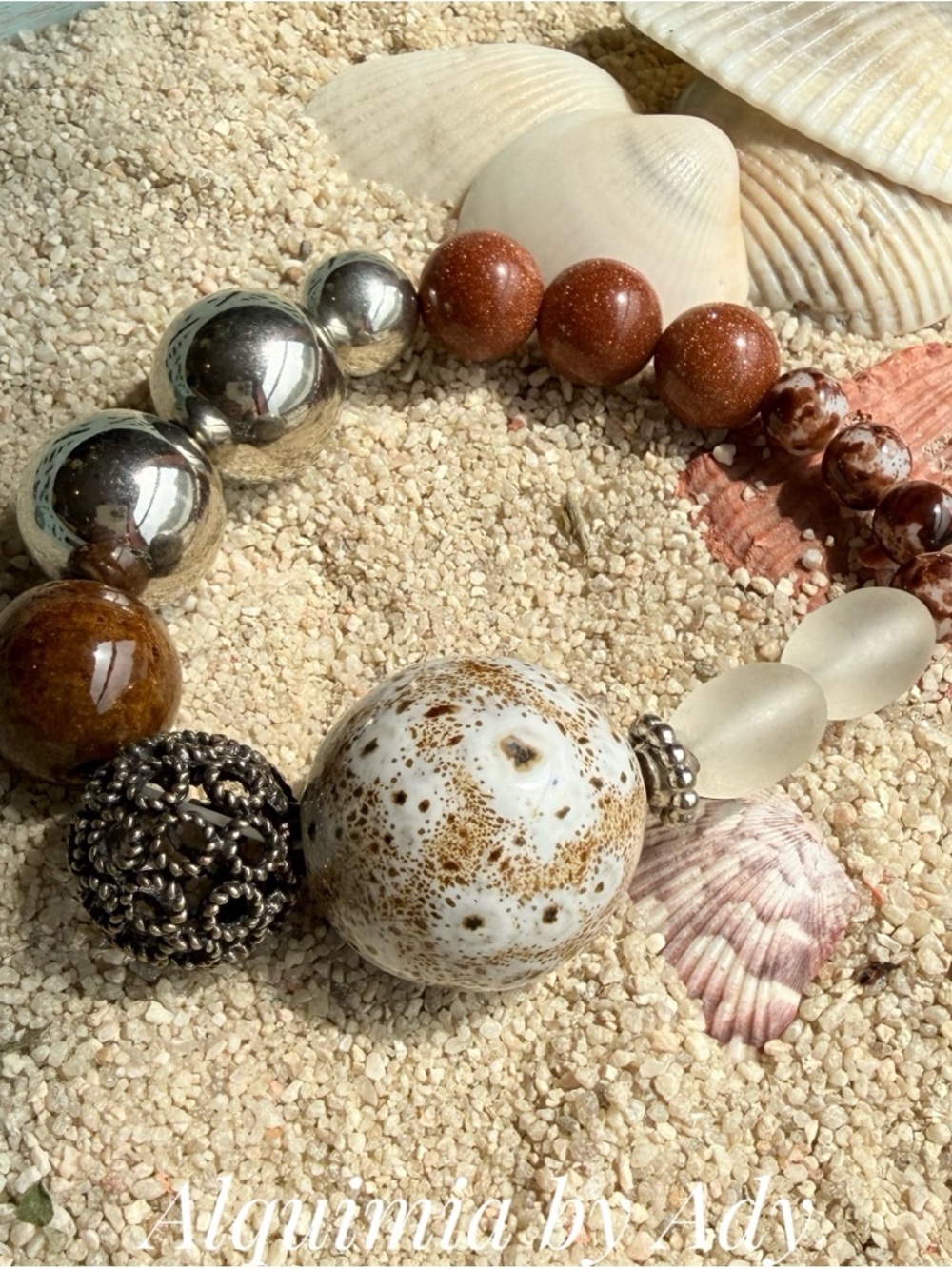 Sunstone Brown, Cream & Silver Mixed-Bead Bracelet